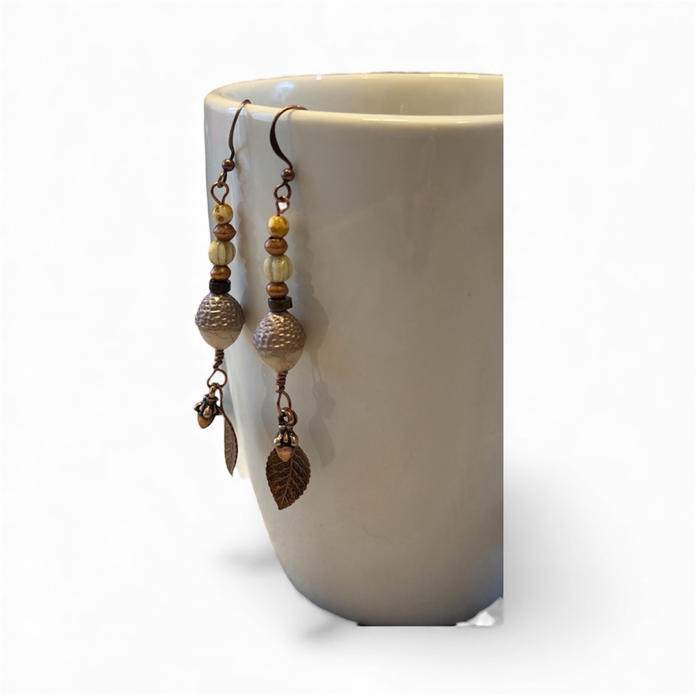 Handcrafted Elegant Copper Leaf Acorn Dangle Earrings - Picture 8 of 11